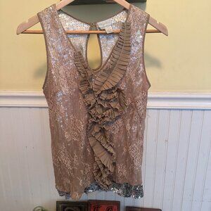 tracy reese  Womens P Sequin Lace Ruffle Top 100% Silk Beige